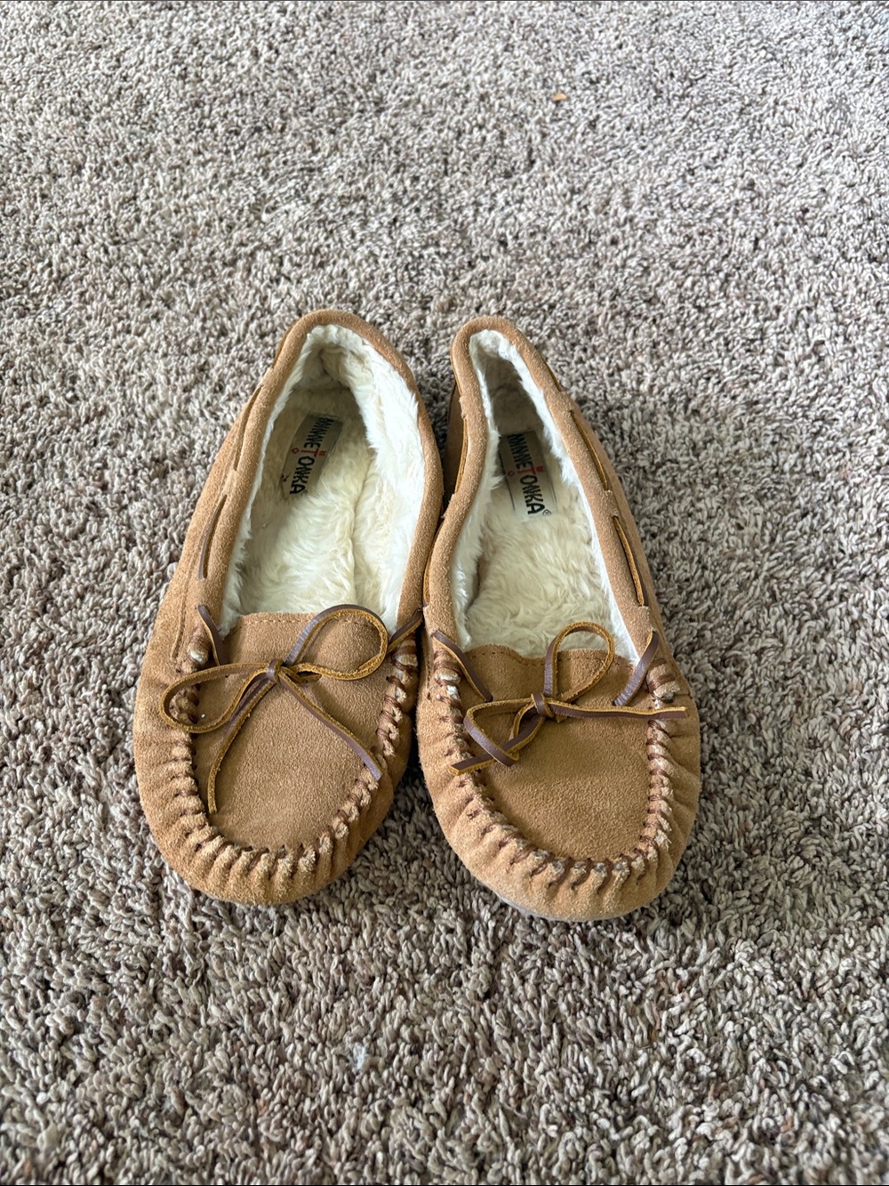 Minnetonka Suede Moccasin Slippers with Faux Fur Lining - Tan